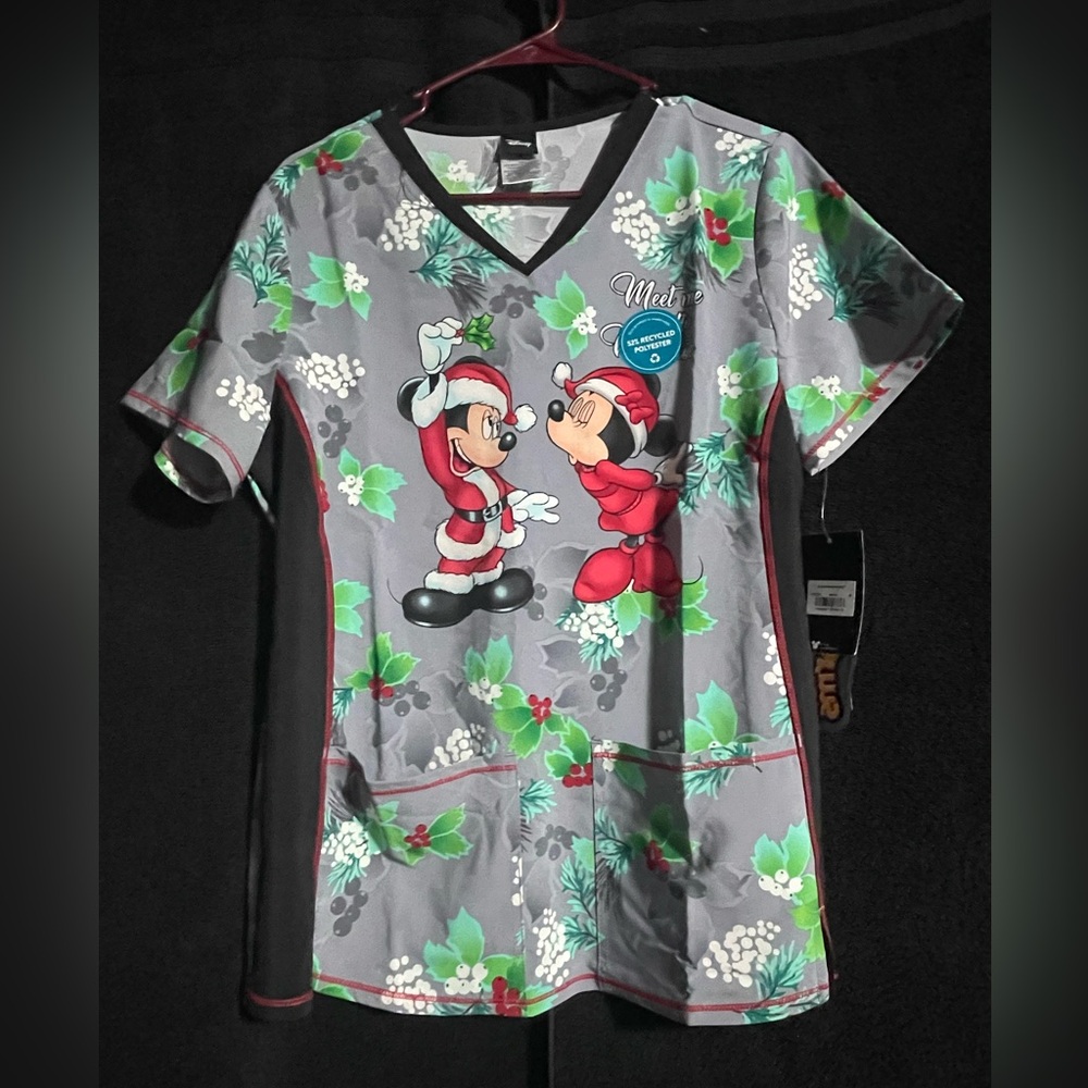 NWT Disney Festive Mickey and Minnie Gray Scrub Top